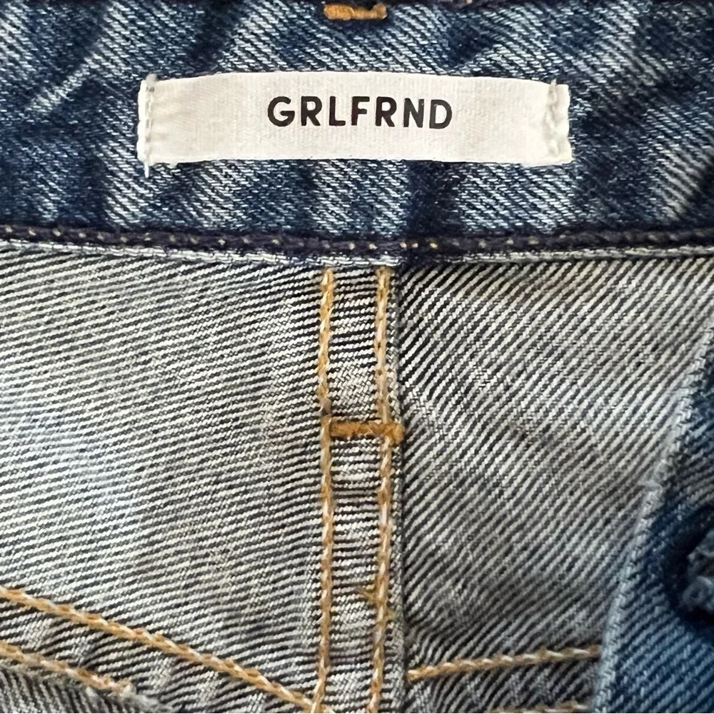 GRLFRND Cindy Fray Side Slit Button Fly Jean Shorts Patchwork High Rise Thrashed